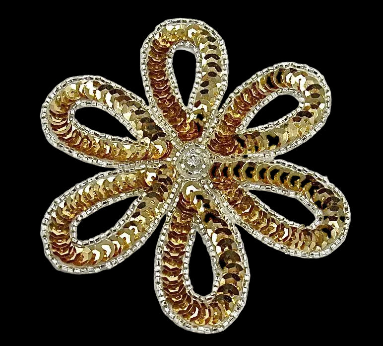Flower Appliqué with Gold Sequins and Silver Beads 3.5" x 3.5"