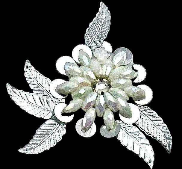 Flower with Iridescent Beads and Silver Leaf 3" x 3"