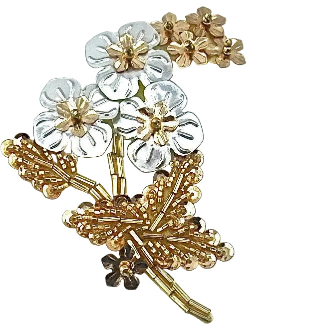Flower Motif with Gold and Silver Sequins and Gold Beads 2" x 3.5"