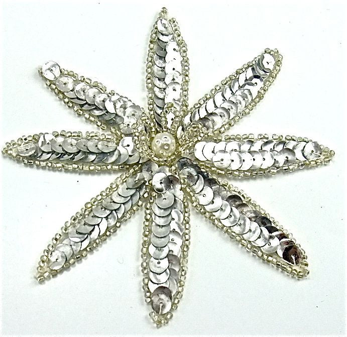 Flower with Pointed Petals with Silver Sequins and Beads and Center Pearl 4" x 4"