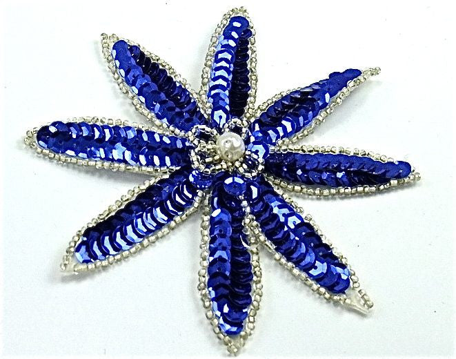 Flower With Royal Blue Sequins and Silver Beads with a Pearl Center 4" x 4"
