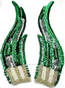 Flame Pair with Emerald Green and Silver Sequins with Silver and White Pearls 12" x 3"
