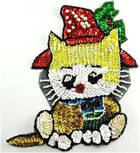 Cat in Hat with Multi Colored Sequins and Beads 7" x 5"