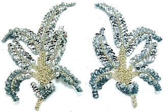 Leaf Pair w/ Ice Blue Sequins and Silver Beads 6" x 3"