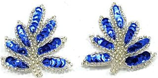 Leaf Pair with Royal Blue Sequins and Silver Beads 2" x 1.75”