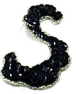 Motivo de diseñador remolino "en forma de S" negro con ribete de cuentas plateadas 4" x 2.5"