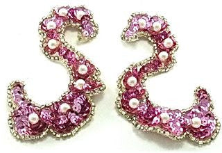 Designer Motif Swirl “S Shaped” Pair Pink Sequins and Pearls 4" x 2.5"