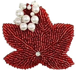 Hombrera Hoja Cuentas Rojas, Racimo de Perlas y Estrás Central 7.62 cm x 7.62 cm