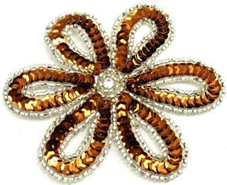 Flower with Bronze Sequins and Silver Beads 3.5" x 3.5"