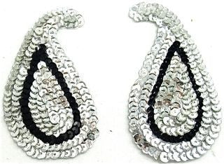 Design Motif “Paisley Like” Pair with Silver and Black Sequins 4.5" x 2.5"