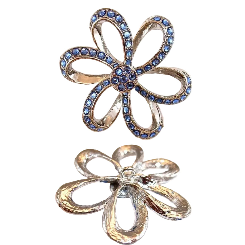 Flower Designer Motif Jeweled Sapphire and Silver Ornament 1.75" x 1.75"