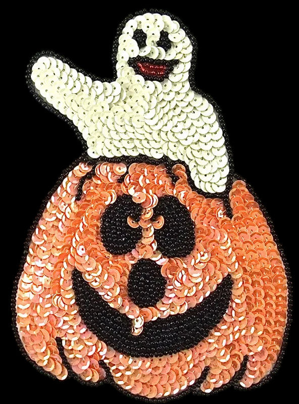 Halloween Pumpkin Appliqué with Ghost Sequin Beaded 6" x 4.5"