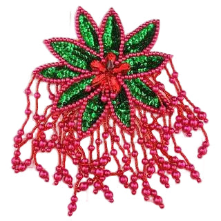 Hombrera - Lentejuelas verdes Cristales rojos - Cuentas rojas/fucsias 7.5”x 5"