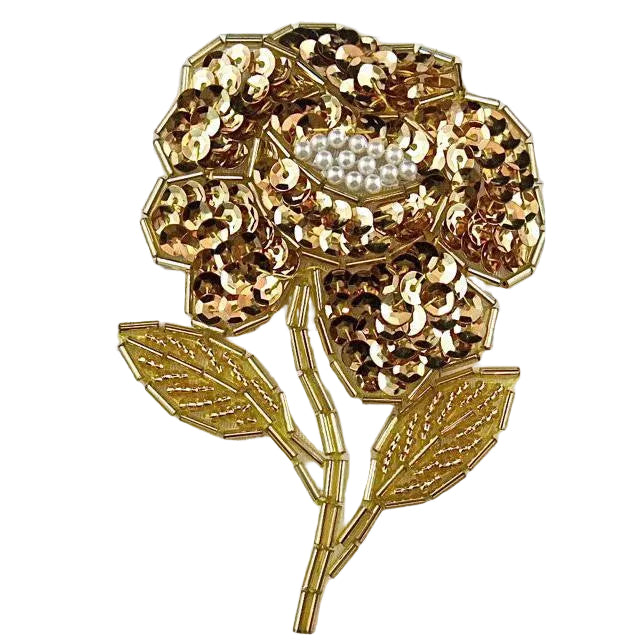 Lentejuelas y abalorios de flor dorada con perlas 10,16 cm x 7,62 cm