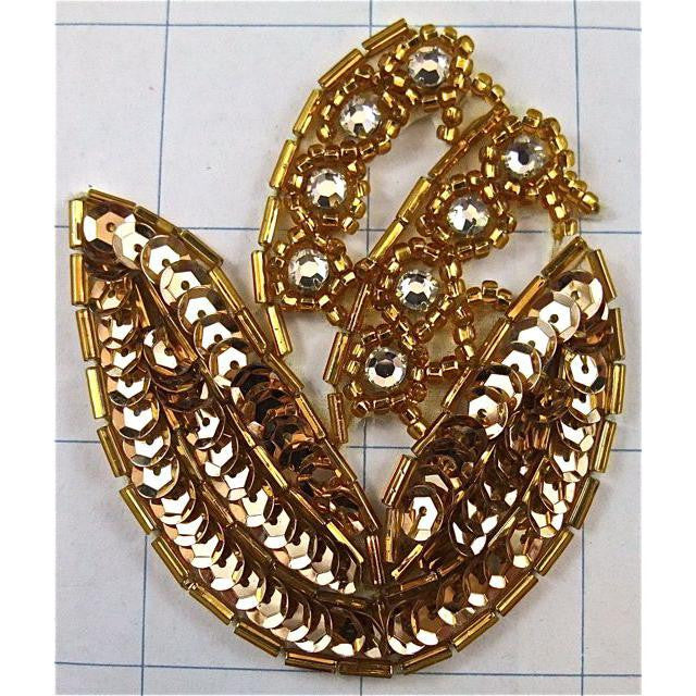 Flower with Gold Sequins and Beads and High Quality Rhinestones 2.5" x 3.5"