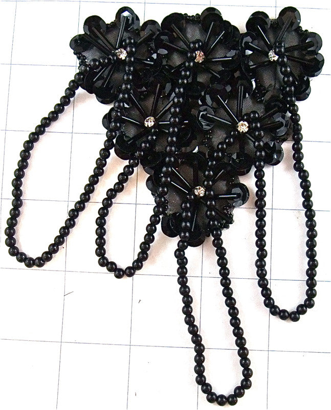 Epaulet - Black Sequins - Black Beads - Clear Rhinestones 6" x 4"