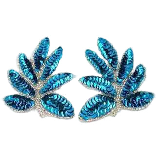 Par de Hojas con Lentejuelas Turquesa y Cuentas Plateadas 10 cm x 7.5 cm