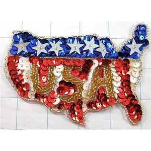 Patriotic America Flag in Shape of USA Map Sequin Beaded, 4.5" x 3"
