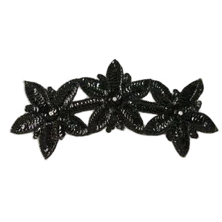 Triple Flower with Black Sequins and Beads with Rhinestone Centers 9.5” x 4”