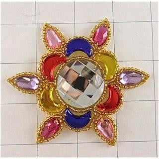 Designer Motif with Multicolored Stones and Gold Beads 3.5"