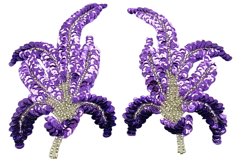 Par de flores con lentejuelas moradas y cuentas plateadas 6" x 3.5"