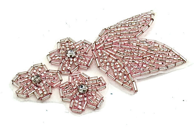Flor tres con cuentas rosas y tres diamantes de imitación de 3.5" x 2"
