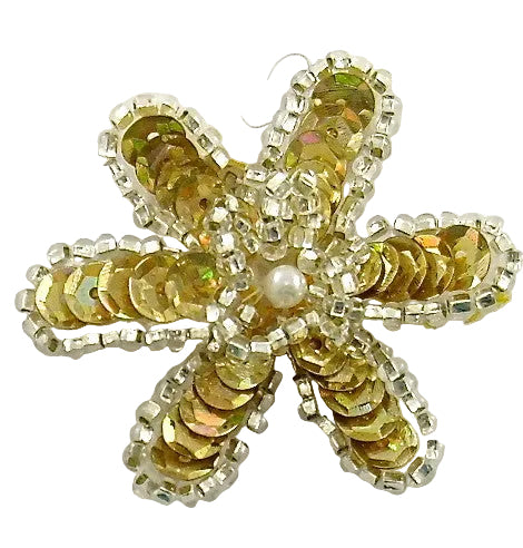 Flower with Gold Sequins Silver Beads and Pearl 2"