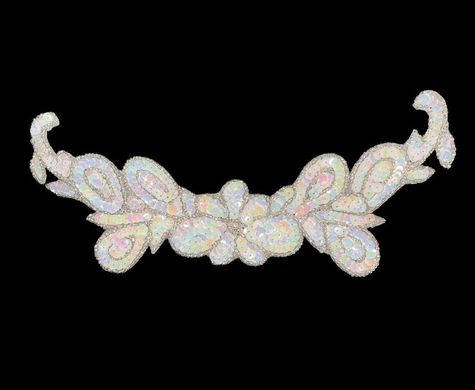 Flower Neckline with White Sequins and Silver Beads 10" x4"