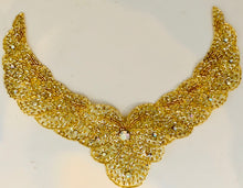 Load image into Gallery viewer, Designer Motif Neckline Gold Beaded with 16 small and 1 Large AB Rhinestones 10&quot; X 7.5&quot;