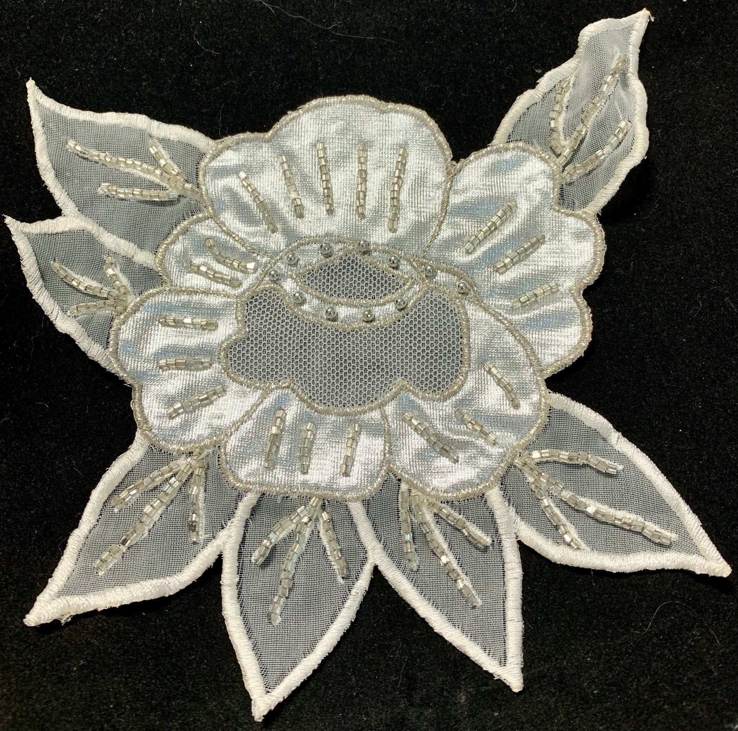 Vintage Flower Embroidered White with Silver Beads 5.6" x 6.5"