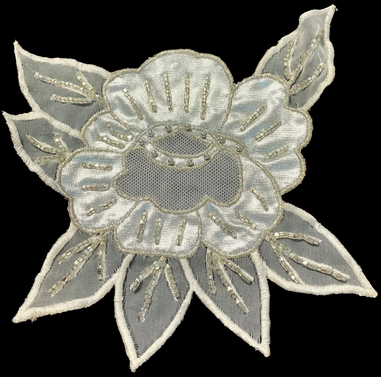 Vintage Flower - Embroidered White - Silver Beads 6.5”