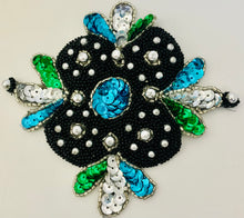 Load image into Gallery viewer, Designer Motif with Turquoise Green Sequins and Black and Gold Beads 4&quot;