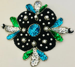 Designer Motif with Turquoise Green Sequins and Black and Gold Beads 4"