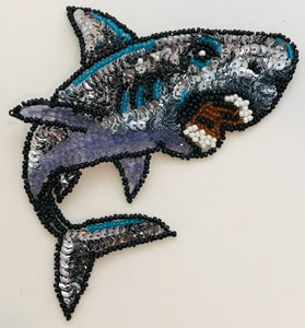 Shark with Iridescent purple and grey sequins and black white bronze Beads 5" x 4"