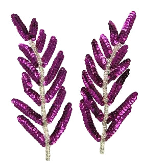 Par de Hojas con Lentejuelas Moradas y Cuentas Plateadas 6" x 3"