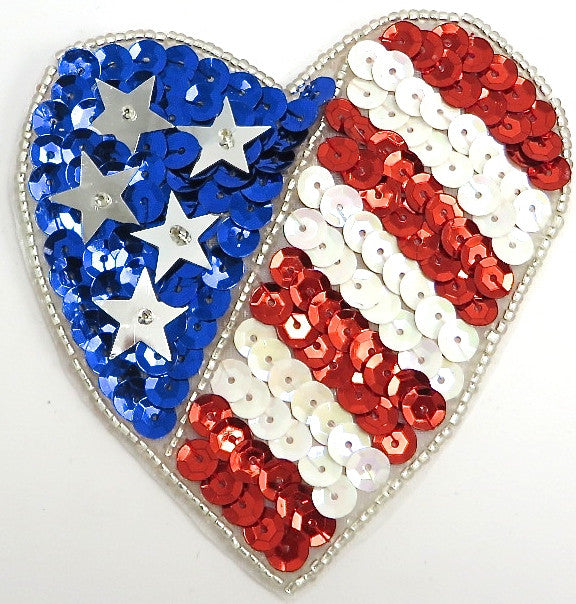 Handmade Flag Heart with Red White and Blue Sequins and Beads 3.5"