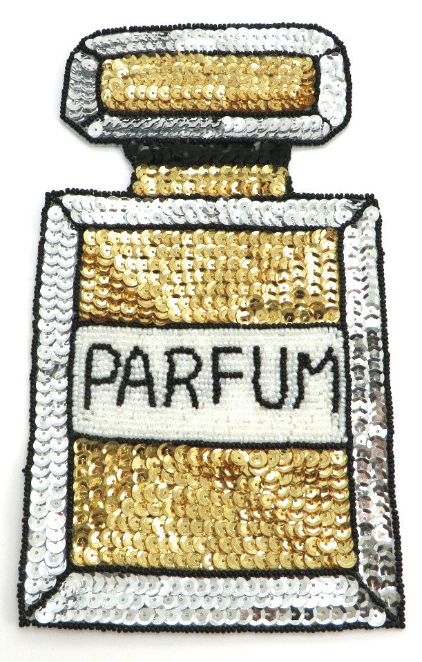 Frasco de perfume francés con lentejuelas doradas y plateadas y cuentas blancas y negras 22,86 cm x 12,7 cm