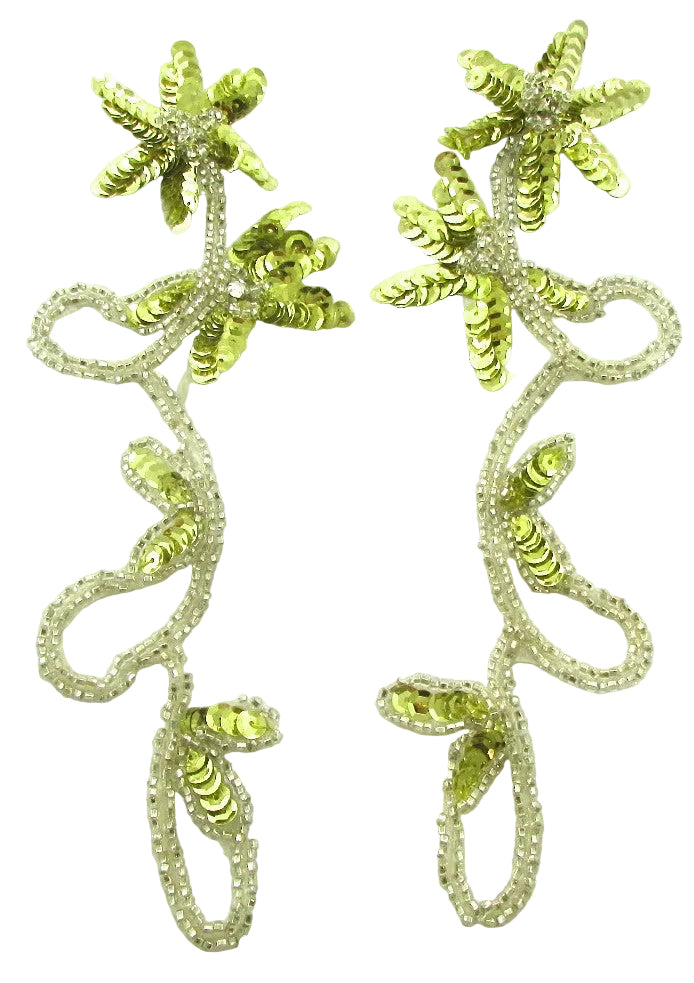 Flower Pair with Light Yellowish Green Sequins, Silver Beads and Rhinestones 8" x 3.5"