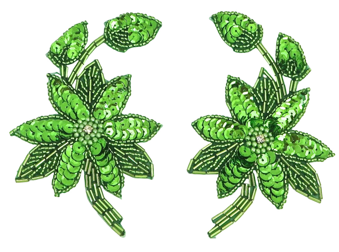 Flower Pair with Lime Green Sequins and Beads and Center Rhinestone 5" x 3"