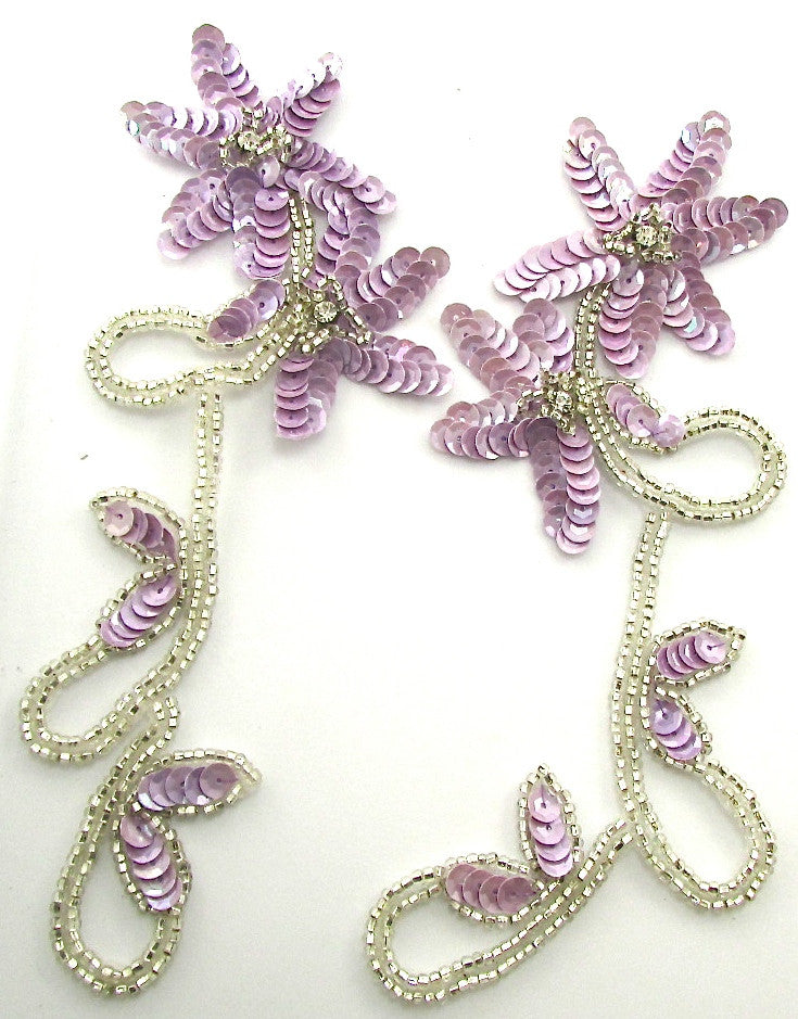 Flowers with Lavender Sequins Silver Beads and Rhinestones 8" x 3.5" Choice of Pair or Single