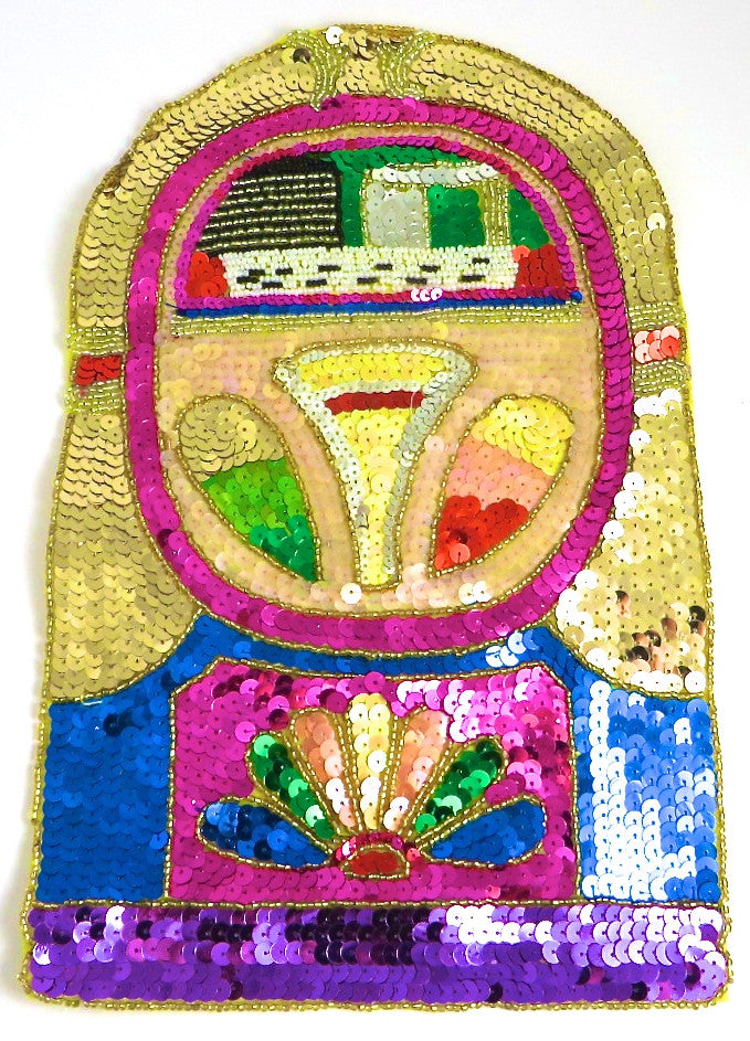 Jukebox con lentejuelas doradas, azules y fucsias de 17,78 cm x 12,06 cm
