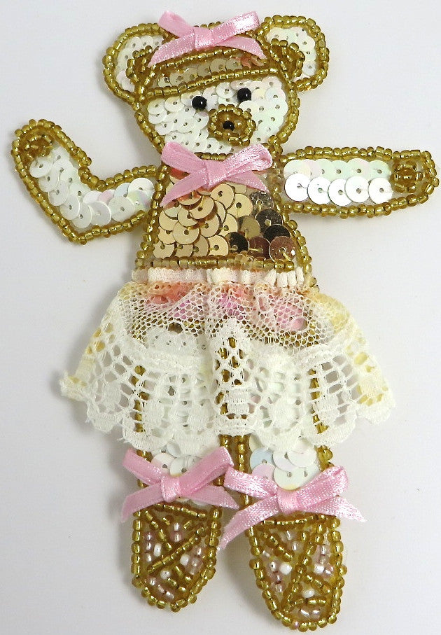 Ballerina Bear with pink Bows and Skirt 5" x 3.5" - Sequinappliques.com
