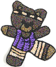 Load image into Gallery viewer, Bear doing Aerobics with Purple and Peach Sequins and Dark Moonlight Beads 4&quot; x 3.5&quot;