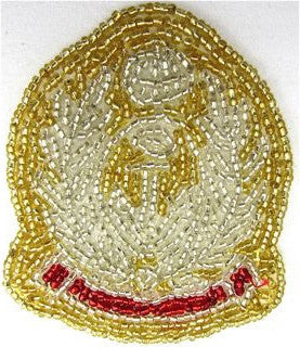 Motivo de escudo con ancla y hoja, cuentas de oro, plata y rojo de 7,6 cm x 6,3 cm