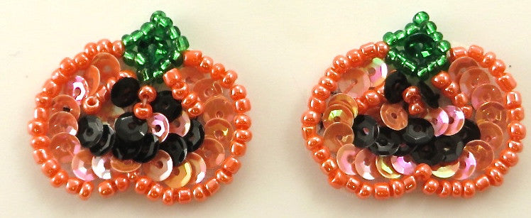 Pareja de calabazas con lentejuelas naranjas iridiscentes y cuentas verdes, negras y naranjas de 2,54 cm