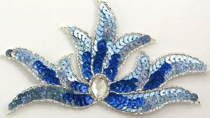 Leaf with Laser Shiny Two Tone Blue Sequins and Beads 6" x 3"
