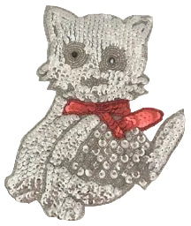 Cat with Silver Sequins Red Bow 7.5" X 5.75”
