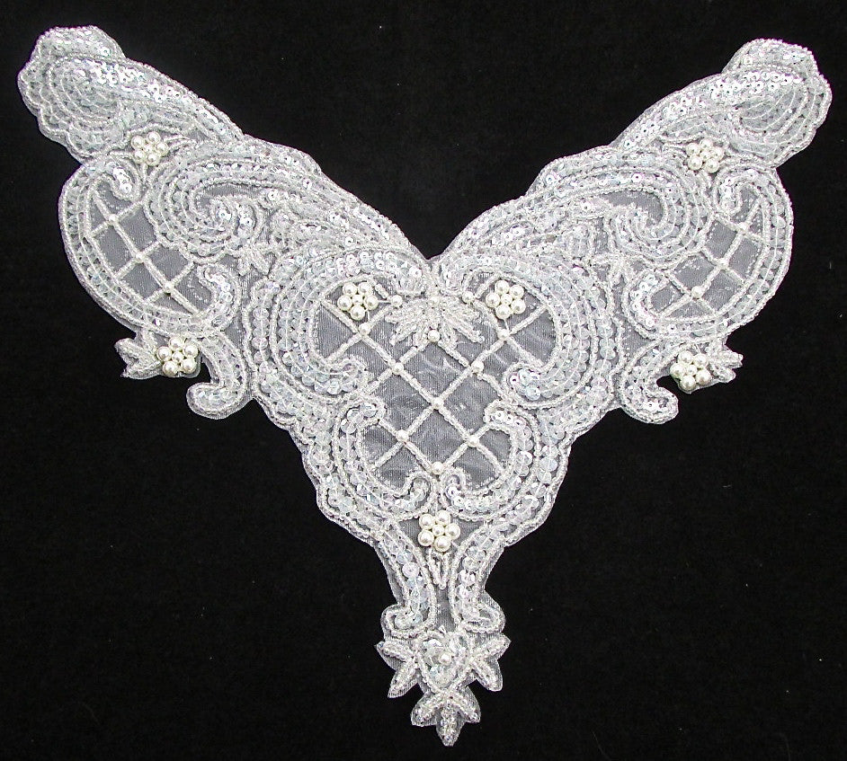 Designer Neckline with Iridescent Sequins and White Pearls 10" x 11.5"