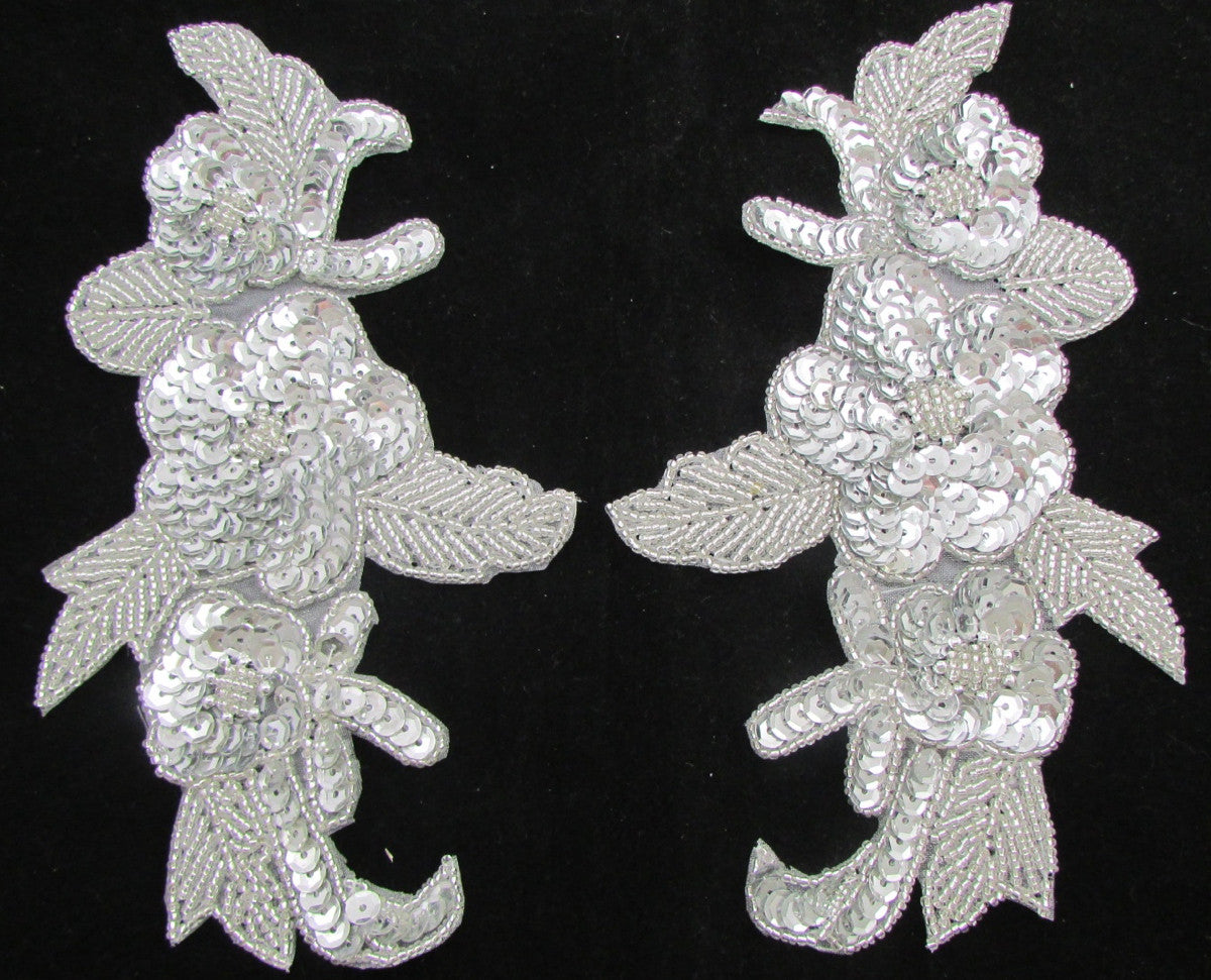 Flower Pair with Iridescent Beads and Silver Sequins 7.5" x 4.5"