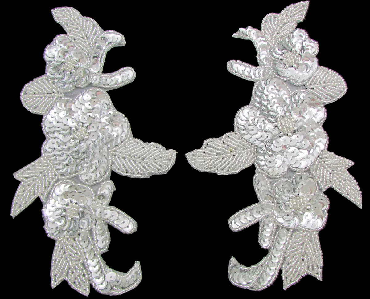 Flower Pair - Silver Sequins - Silver Beads 7.5" x 4.5"